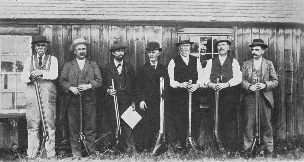 Rest shooters at the September 2, 1896, match held at Vernon, Vermont by the National Rifle Club. (Left to right): R.C. Cressy, M.H. Whitley, H.M. Pope, D.H. Cox, L. Park, C.F. Fletcher, A.D. Spencer. From The Muzzle-Loading Caplock Rifle by Ned H. Roberts.